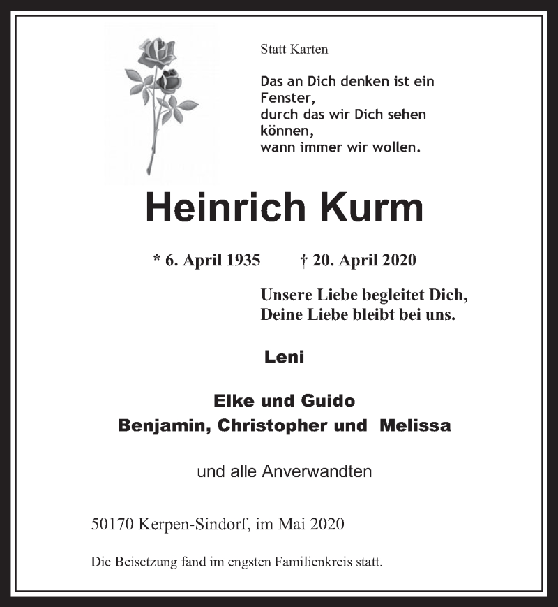  Traueranzeige für Heinrich Kurm vom 08.05.2020 aus  Werbepost 
