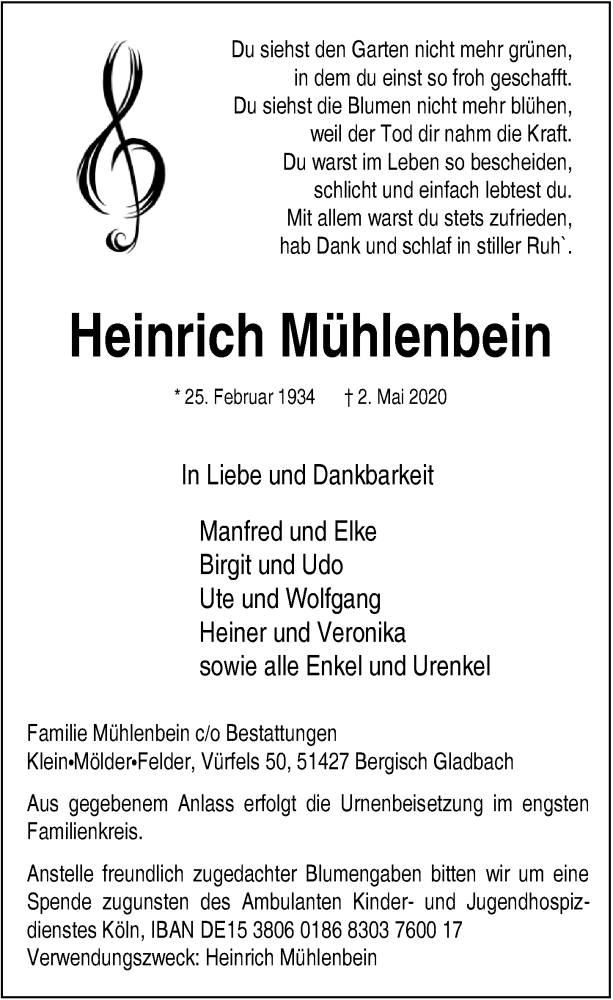  Traueranzeige für Heinrich Mühlenbein vom 08.05.2020 aus  Bergisches Handelsblatt 