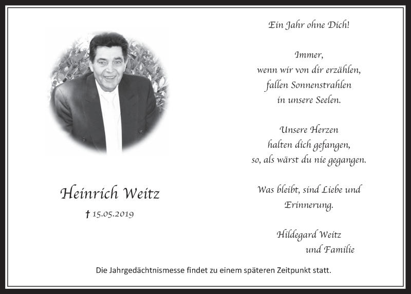  Traueranzeige für Heinrich Weitz vom 15.05.2020 aus  Werbepost 