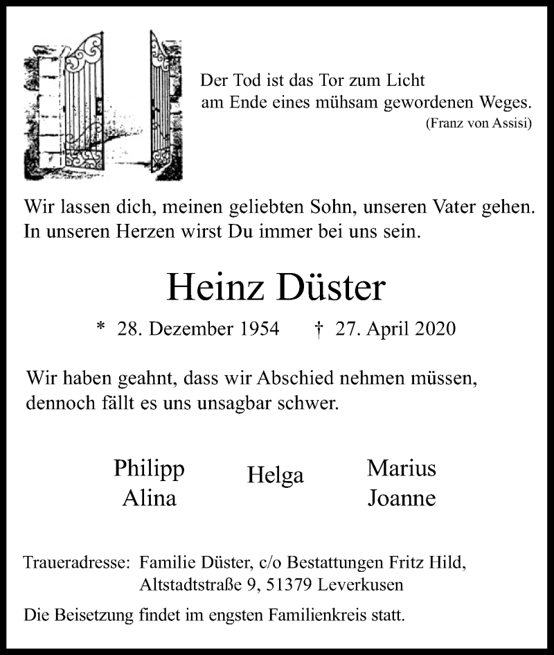  Traueranzeige für Heinz Düster vom 09.05.2020 aus Kölner Stadt-Anzeiger / Kölnische Rundschau / Express