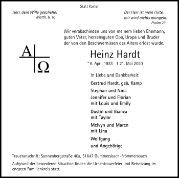 Anzeige von Heinz Hardt von Kölner Stadt-Anzeiger / Kölnische Rundschau / Express