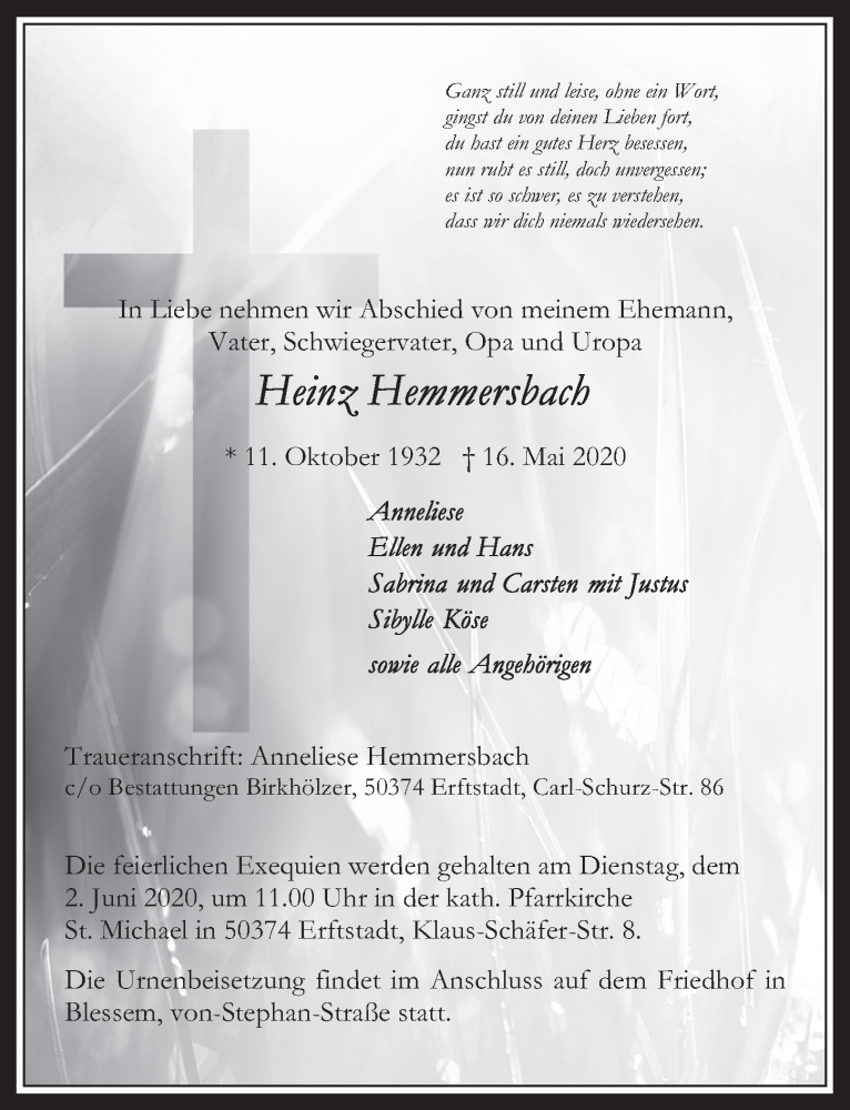  Traueranzeige für Heinz Hemmersbach vom 29.05.2020 aus  Werbepost 