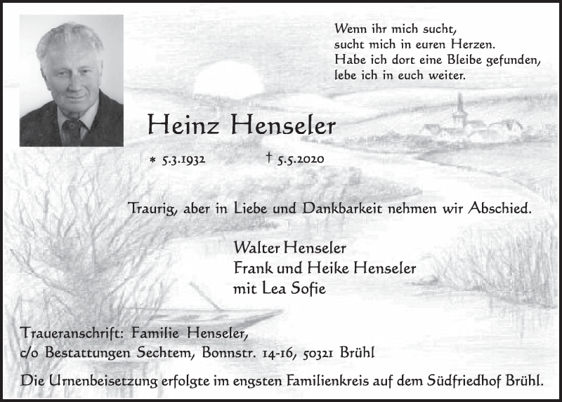  Traueranzeige für Heinz Hensler vom 15.05.2020 aus  Schlossbote/Werbekurier 