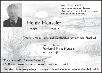 Anzeige von Heinz Hensler von  Schlossbote/Werbekurier 
