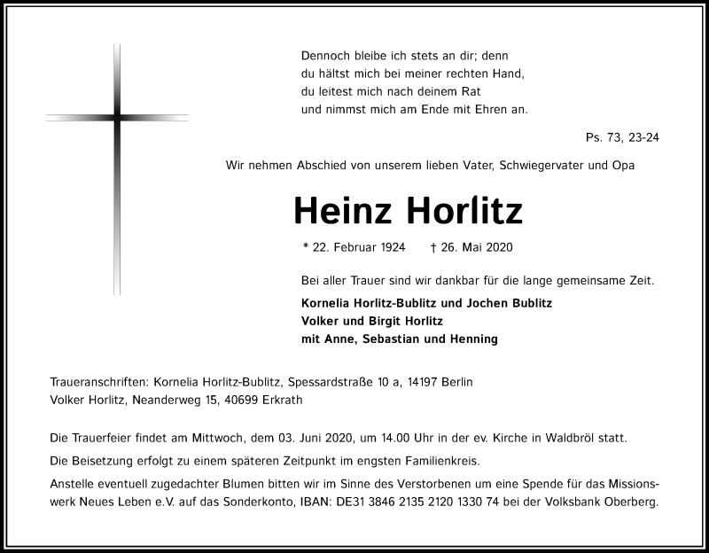  Traueranzeige für Heinz Horlitz vom 30.05.2020 aus Kölner Stadt-Anzeiger / Kölnische Rundschau / Express