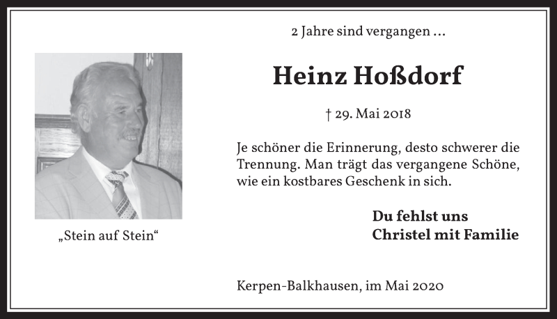  Traueranzeige für Heinz Hoßdorf vom 29.05.2020 aus  Werbepost 