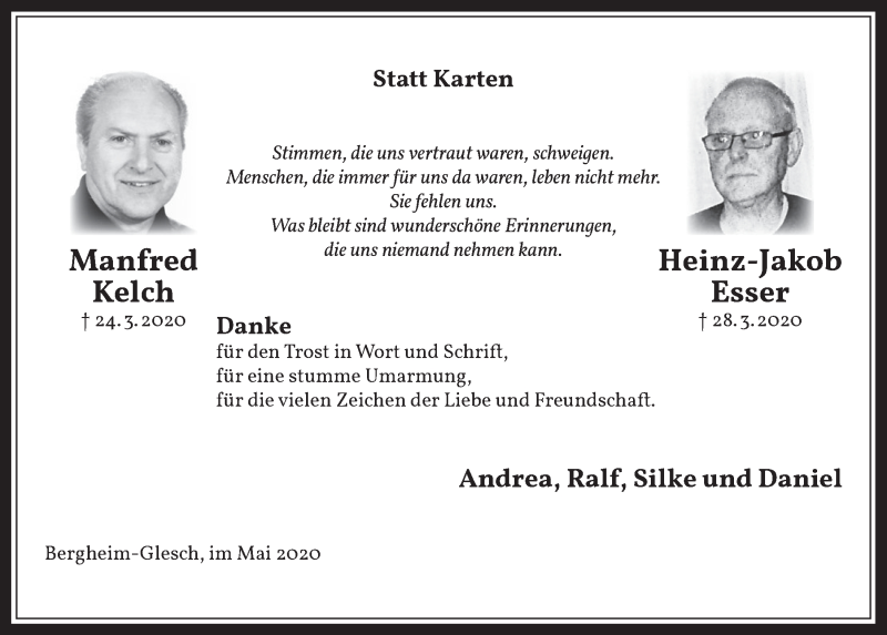  Traueranzeige für Heinz-Jakob Esser vom 15.05.2020 aus  Werbepost 