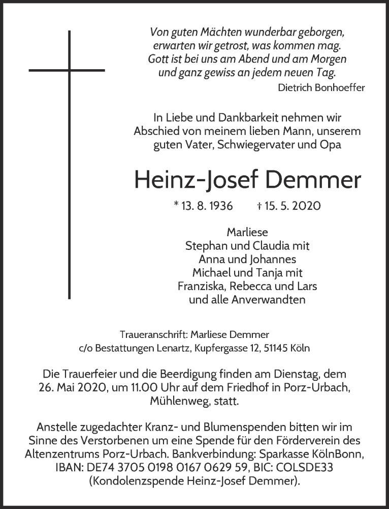  Traueranzeige für Heinz-Josef Demmer vom 22.05.2020 aus  Kölner Wochenspiegel 
