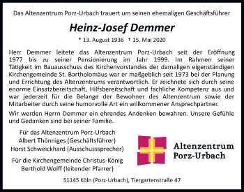 Anzeige von Heinz-Josef Demmer von  Kölner Wochenspiegel 