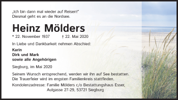 Anzeige von Heinz Mölders von Kölner Stadt-Anzeiger / Kölnische Rundschau / Express