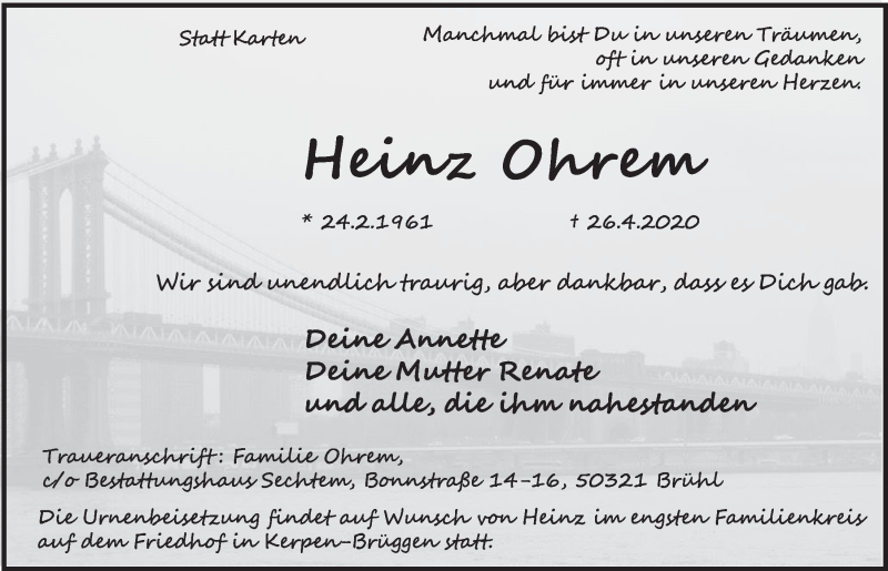  Traueranzeige für Heinz Ohrem vom 08.05.2020 aus  Werbepost 