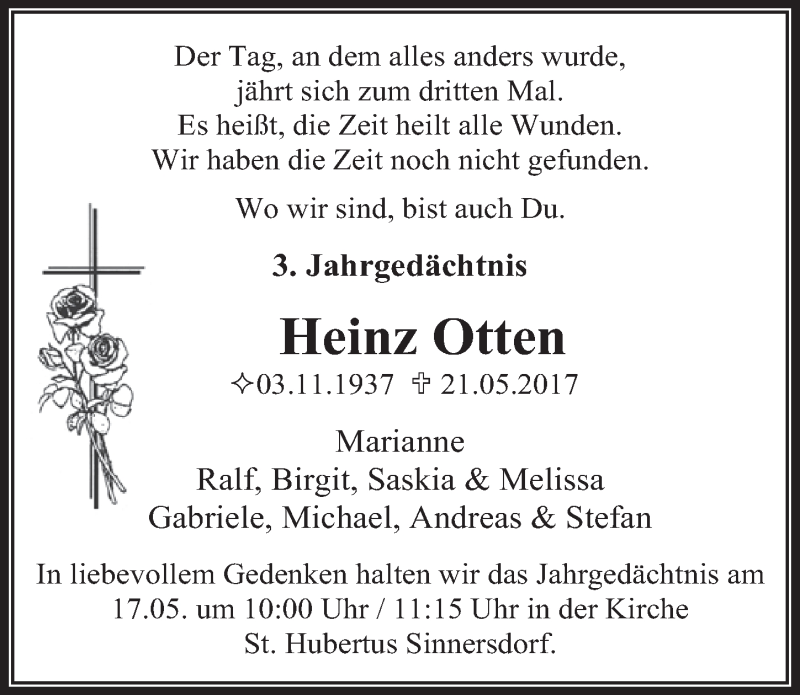  Traueranzeige für Heinz Otten vom 08.05.2020 aus  Wochenende 