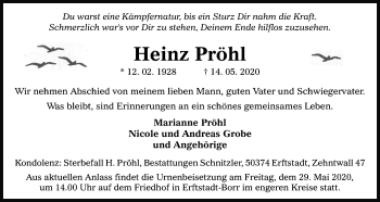 Anzeige von Heinz Pröhl von Kölner Stadt-Anzeiger / Kölnische Rundschau / Express