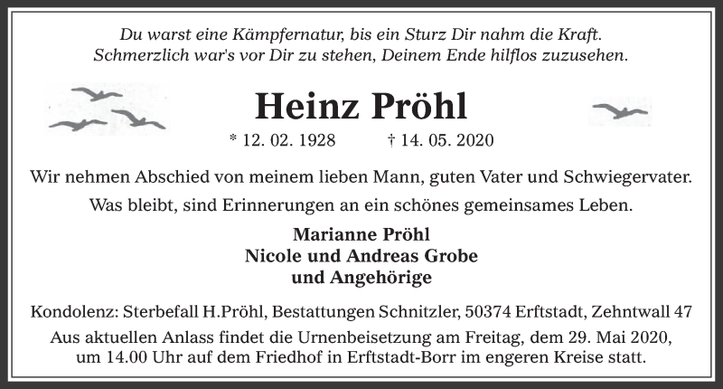  Traueranzeige für Heinz Pröhl vom 22.05.2020 aus  Werbepost 