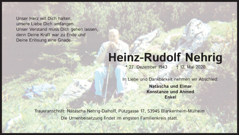  Traueranzeige für Heinz-Rudolf Nehrig vom 16.05.2020 aus Kölner Stadt-Anzeiger / Kölnische Rundschau / Express