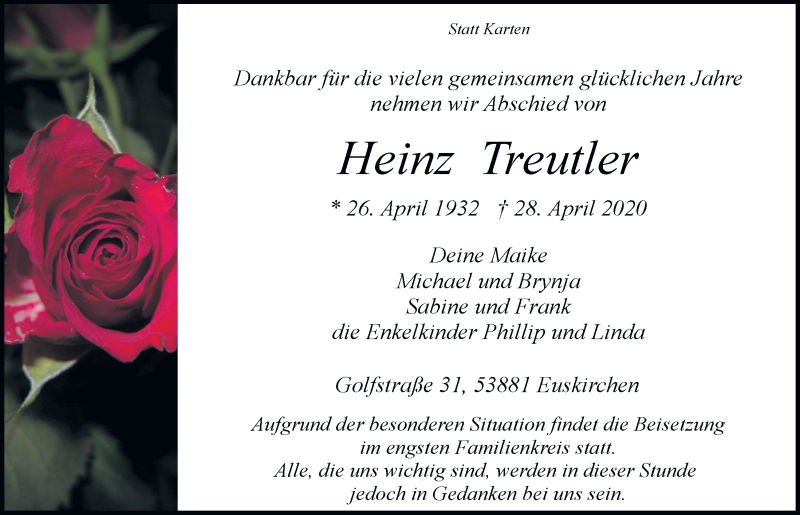  Traueranzeige für Heinz Treutler vom 02.05.2020 aus  Blickpunkt Euskirchen 