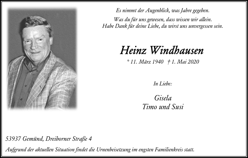  Traueranzeige für Heinz Windhausen vom 06.05.2020 aus Kölner Stadt-Anzeiger / Kölnische Rundschau / Express