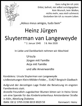 Anzeige von Heinz Jürgen Sluyterman van Langeweyde von Kölner Stadt-Anzeiger / Kölnische Rundschau / Express