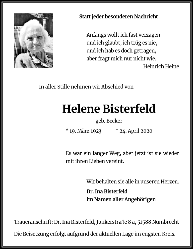  Traueranzeige für Helene Bisterfeld vom 02.05.2020 aus Kölner Stadt-Anzeiger / Kölnische Rundschau / Express