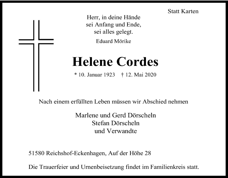  Traueranzeige für Helene Cordes vom 16.05.2020 aus Kölner Stadt-Anzeiger / Kölnische Rundschau / Express