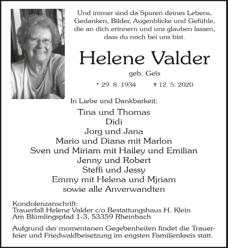  Traueranzeige für Helene Valder vom 22.05.2020 aus  Wochenende  Schaufenster/Blickpunkt 