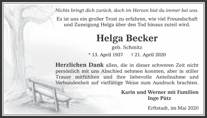  Traueranzeige für Helga Becker vom 29.05.2020 aus  Werbepost 