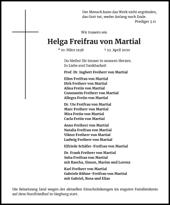 Anzeige von Helga Freifrau vonMartial von Kölner Stadt-Anzeiger / Kölnische Rundschau / Express