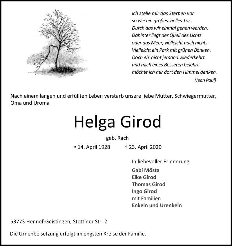  Traueranzeige für Helga Girod vom 02.05.2020 aus Kölner Stadt-Anzeiger / Kölnische Rundschau / Express