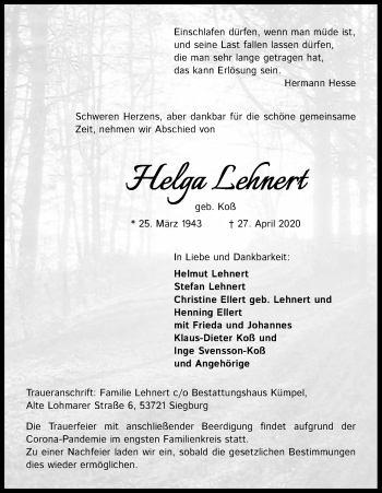 Anzeige von Helga Lehnert von Kölner Stadt-Anzeiger / Kölnische Rundschau / Express