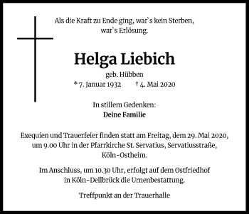 Anzeige von Helga Liebich von Kölner Stadt-Anzeiger / Kölnische Rundschau / Express