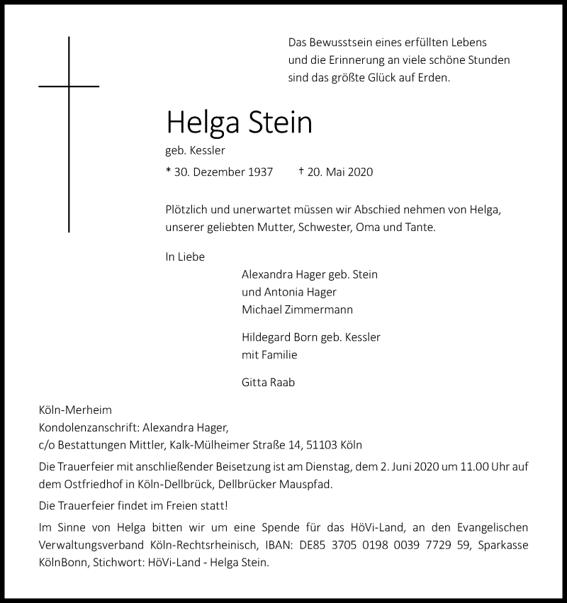  Traueranzeige für Helga Stein vom 27.05.2020 aus Kölner Stadt-Anzeiger / Kölnische Rundschau / Express