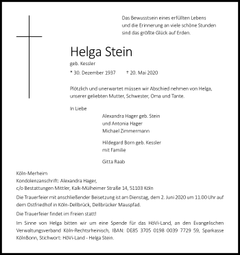 Anzeige von Helga Stein von Kölner Stadt-Anzeiger / Kölnische Rundschau / Express