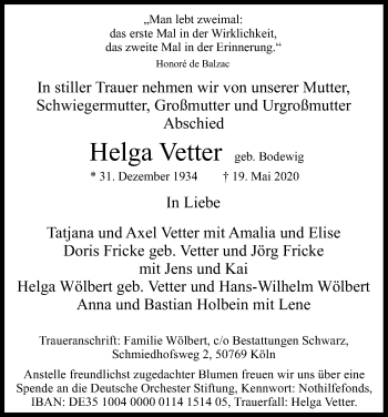 Anzeige von Helga Vetter von Kölner Stadt-Anzeiger / Kölnische Rundschau / Express