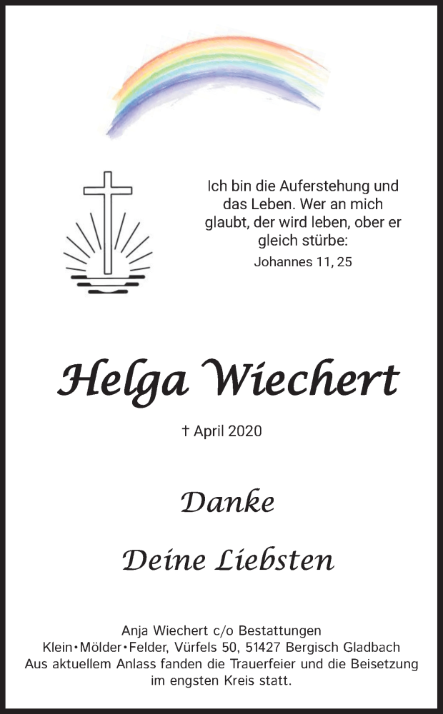  Traueranzeige für Helga Wiechert vom 02.05.2020 aus Kölner Stadt-Anzeiger / Kölnische Rundschau / Express