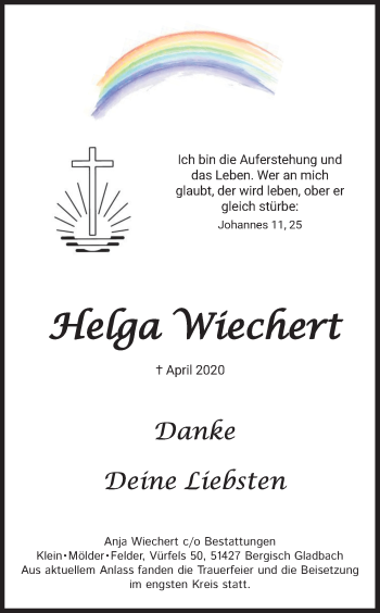 Anzeige von Helga Wiechert von Kölner Stadt-Anzeiger / Kölnische Rundschau / Express