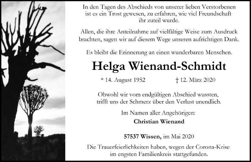  Traueranzeige für Helga Wienand-Schmidt vom 29.05.2020 aus  Lokalanzeiger 