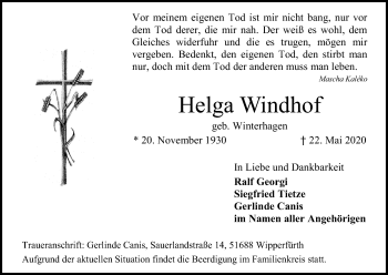 Anzeige von Helga Windhof von Kölner Stadt-Anzeiger / Kölnische Rundschau / Express