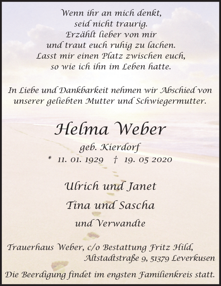  Traueranzeige für Helma Weber vom 23.05.2020 aus Kölner Stadt-Anzeiger / Kölnische Rundschau / Express