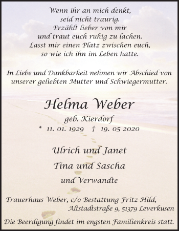Anzeige von Helma Weber von Kölner Stadt-Anzeiger / Kölnische Rundschau / Express