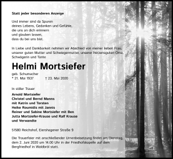 Anzeige von Helmi Mortsiefer von Kölner Stadt-Anzeiger / Kölnische Rundschau / Express