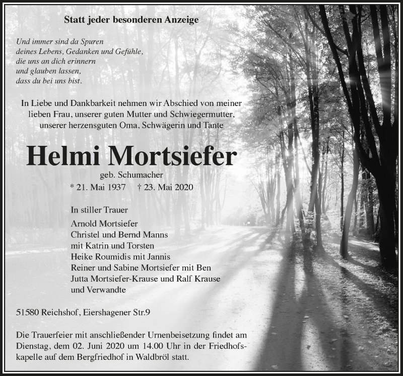  Traueranzeige für Helmi Mortsiefer vom 29.05.2020 aus  Anzeigen Echo  Lokalanzeiger 
