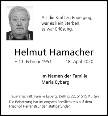 Anzeige von Helmut Hamacher von Kölner Stadt-Anzeiger / Kölnische Rundschau / Express