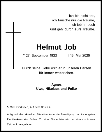 Anzeige von Helmut Job von Kölner Stadt-Anzeiger / Kölnische Rundschau / Express