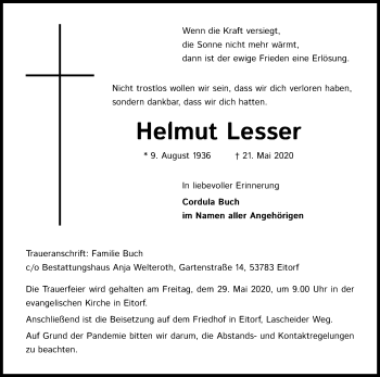 Anzeige von Helmut Lesser von Kölner Stadt-Anzeiger / Kölnische Rundschau / Express