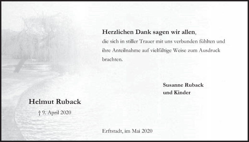  Traueranzeige für Helmut Ruback vom 22.05.2020 aus  Werbepost 