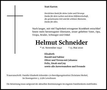 Anzeige von Helmut Schneider von Kölner Stadt-Anzeiger / Kölnische Rundschau / Express