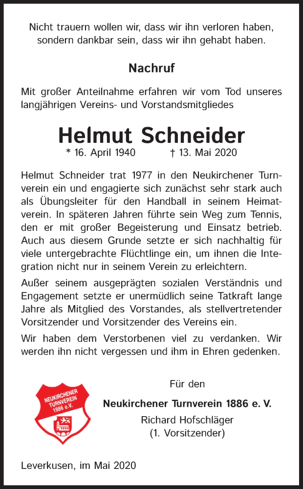  Traueranzeige für Helmut Schneider vom 23.05.2020 aus Kölner Stadt-Anzeiger / Kölnische Rundschau / Express