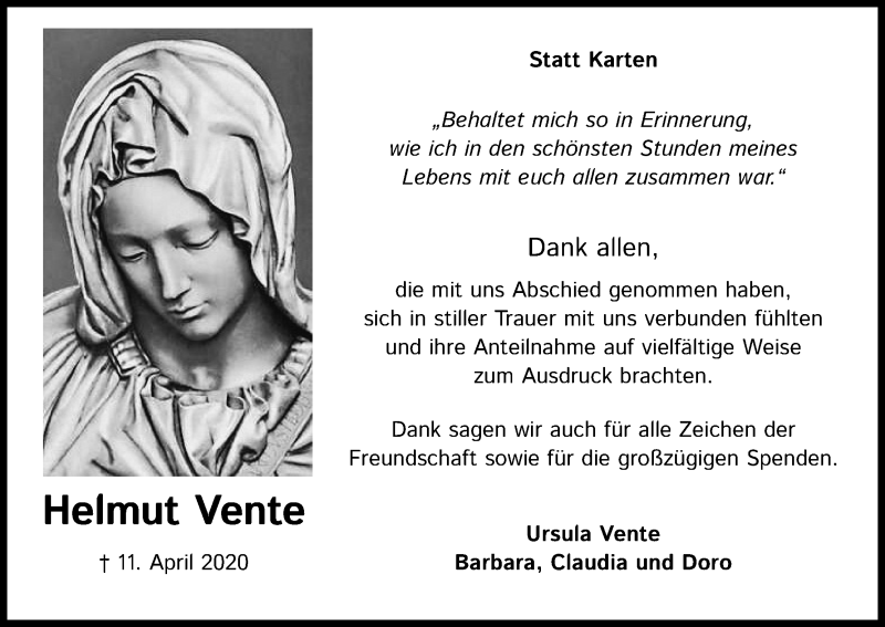 Traueranzeige für Helmut Vente vom 09.05.2020 aus Kölner Stadt-Anzeiger / Kölnische Rundschau / Express