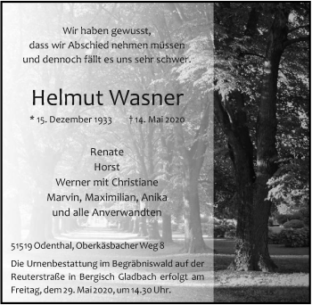 Anzeige von Helmut Wasner von  Bergisches Handelsblatt 