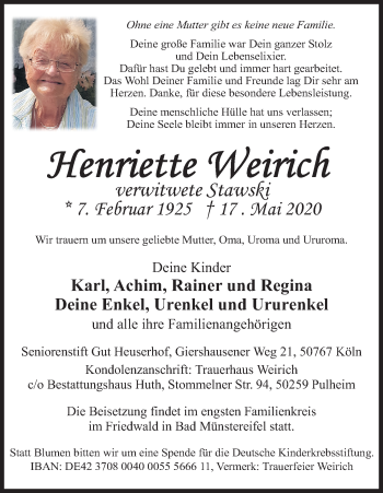 Anzeige von Henriette Weirich von Kölner Stadt-Anzeiger / Kölnische Rundschau / Express